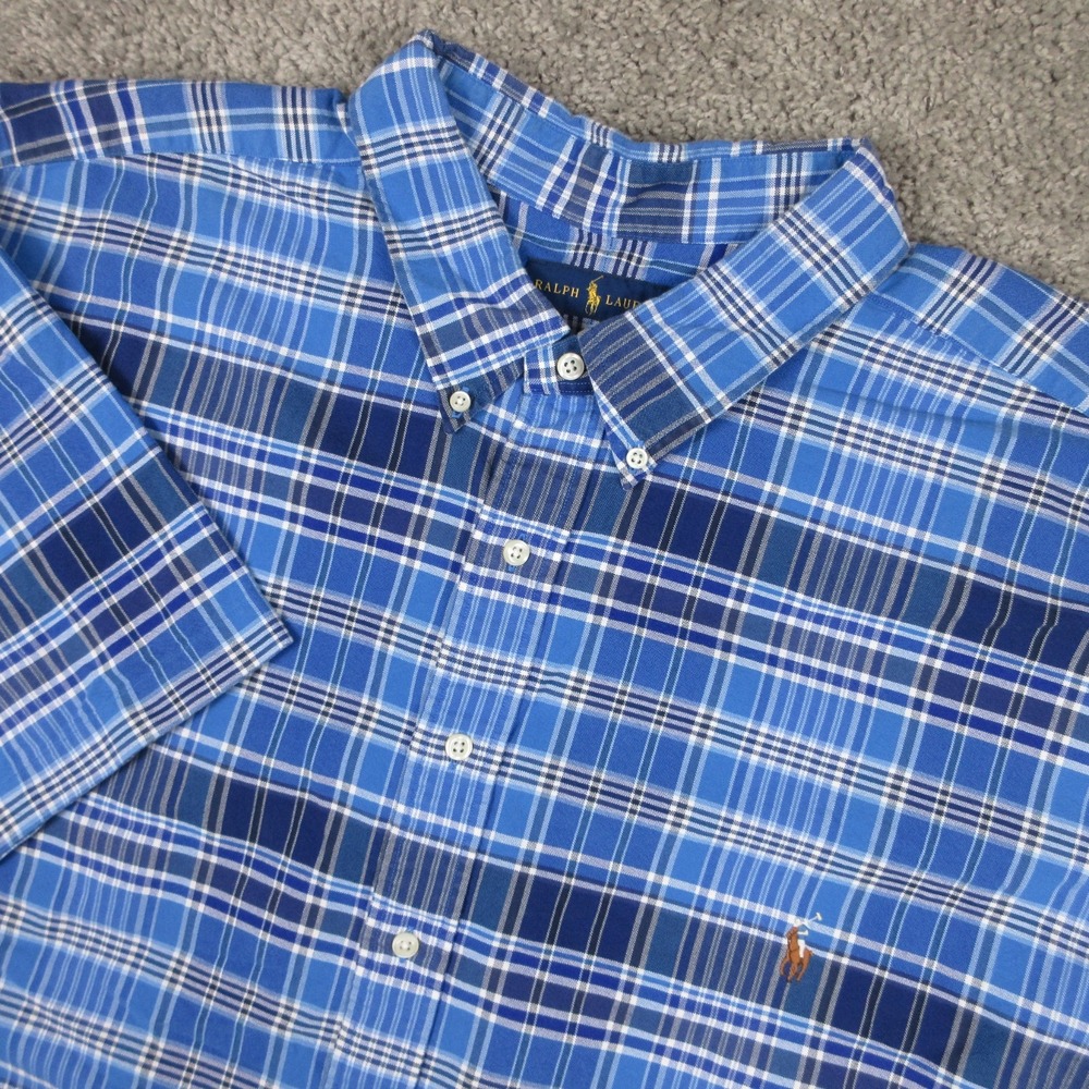 Polo Ralph Lauren Shirt Mens 4XB Blue Plaid Oxford Cloth Flesh Pony Button Up